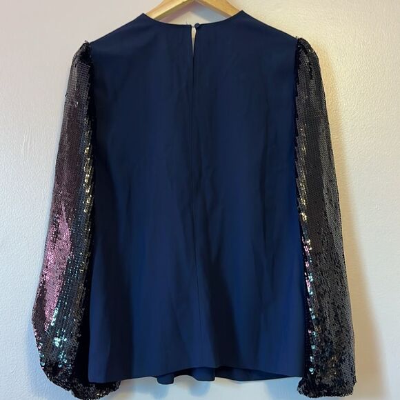 J Crew Sequin Crepe Long Sleeve Blouse Navy Blue Sz Small Statement Preppy New - Picture 6 of 12